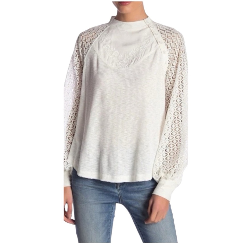 Free People Sweetest Thing White Lace Sleeve Top Size M